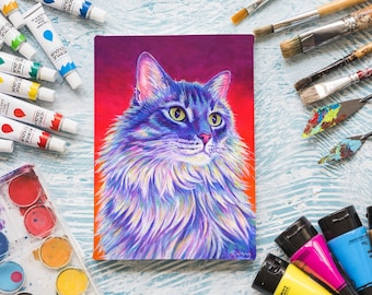 9" x 12" Custom Colorful Pet Portrait Pop Art Hand Painted Acrylic Painting on Stretched Canvas Dog Cat Memorial From Your Photo