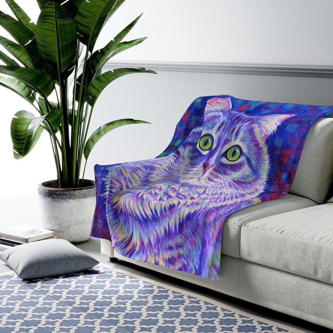 Colorful Purple Longhair Tabby Cat Plush Fleece Blanket Etsy