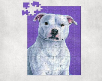 White Staffordshire Bull Terrier Cute Purple Staffie Dog Staffy Pet Art Jigsaw Puzzle (120, 252, 500-Piece)