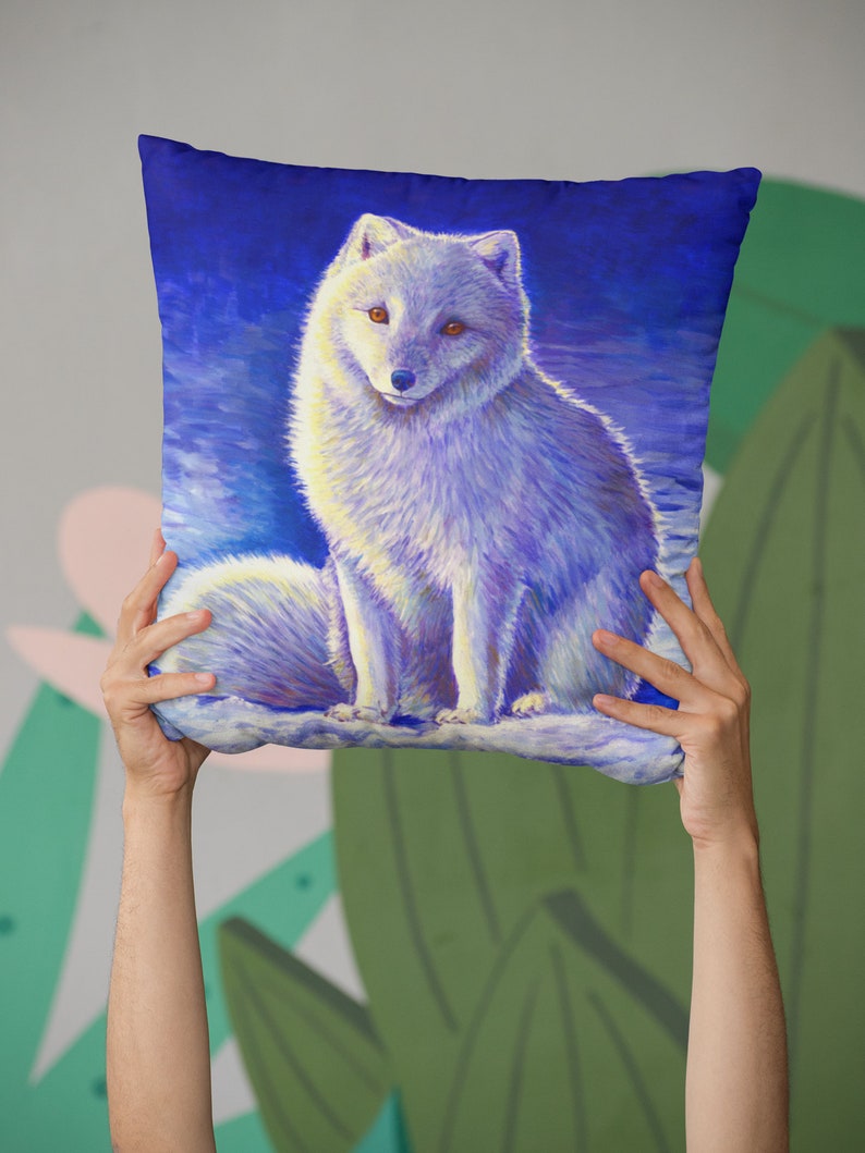 Cute Colorful White Arctic Fox Winter Snow Polyester Square Throw Pillow image 8