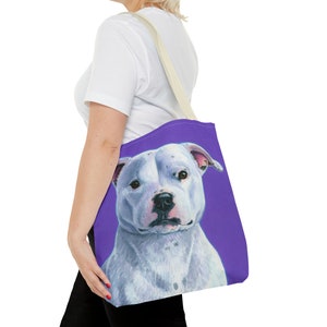 White Staffordshire Bull Terrier Cute Purple Staffie Dog Staffy Pet Art Tote Bag Beige