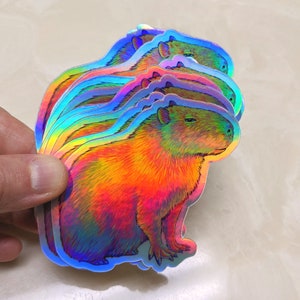 Psychedelic rainbow capybara vinyl die cut holographic sticker