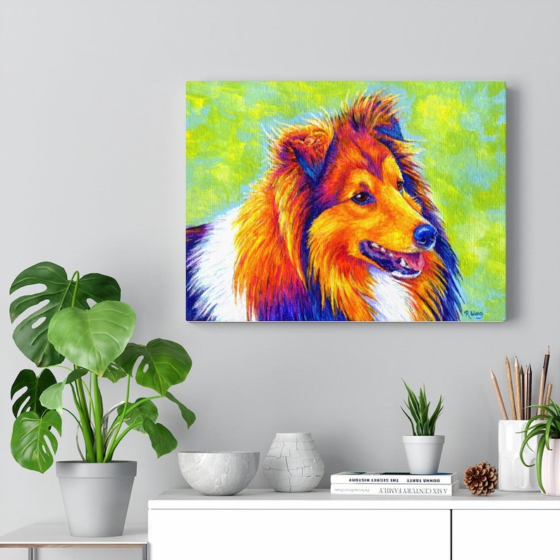 Colorful canvas art print of a rainbow colored Shetland Sheepdog (sheltie)