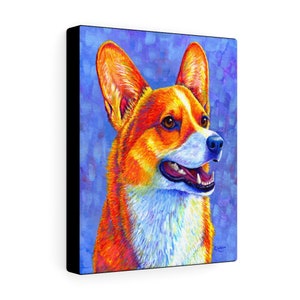 Colorful Rainbow Pembroke Welsh Corgi Cute Dog Canvas Wall Art Print showing the black sides