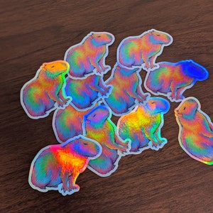 Psychedelic rainbow capybara vinyl die cut holographic sticker