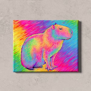 Psychedelic Rainbow Cute Capybara Trippy Stretched Canvas Wall Art Print on textured wall