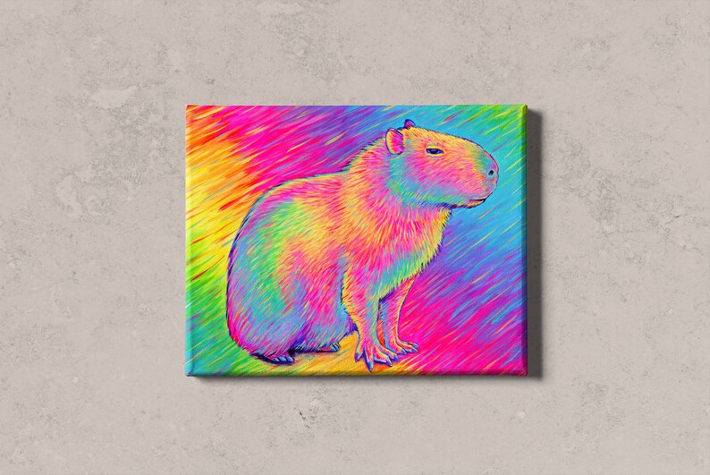 Psychedelic Rainbow Cute Capybara Trippy Stretched Canvas Wall Art Print on textured wall