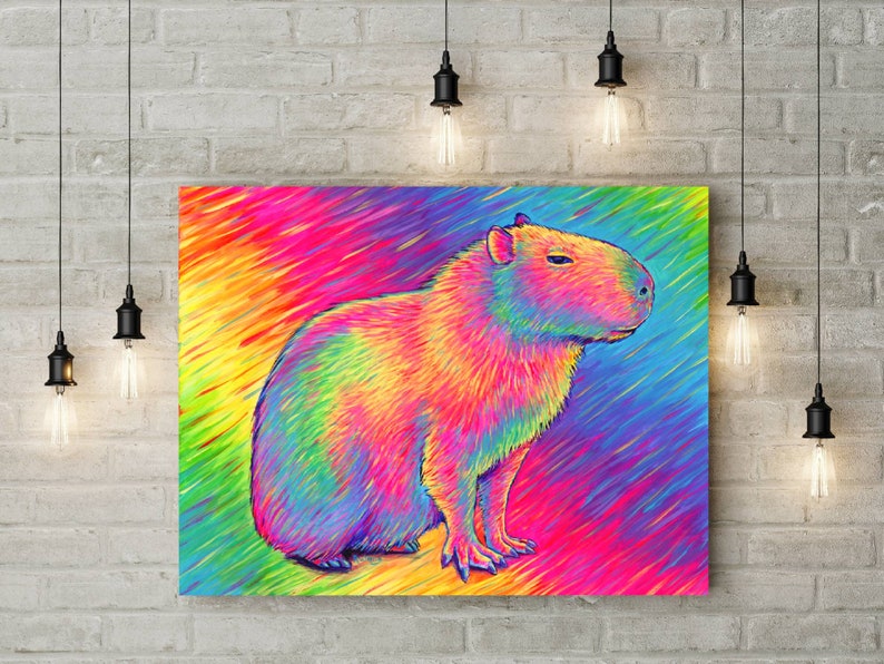 Psychedelic Rainbow Cute Capybara Trippy Stretched Canvas Wall Art Print on gray brick wall with lights