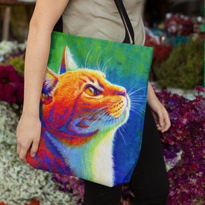 Psychedelic Rainbow Orange Tabby Cat Colorful Ginger Kitty Pop Art Tote Bag
