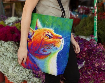 Sac fourre-tout psychédélique arc-en-ciel orange tigré chat roux coloré Kitty pop art