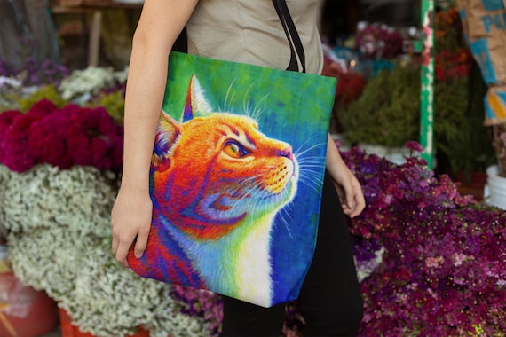 Psychedelic Rainbow Orange Tabby Cat Colorful Ginger Kitty Pop Art Tote Bag