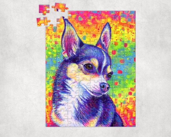 Psychedelic Rainbow Cute Tricolor Chihuahua Dog Art Jigsaw 