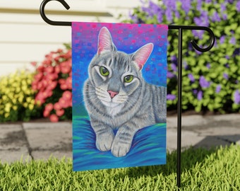 Colorful Grey Tabby Cat Gray Kitty Rainbow Cute Pet Pop Art Garden Flag & House Banner Yard Décor