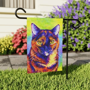 Psychedelic Rainbow Tortoiseshell Cat Cute Tortie Kitty Art Garden Flag & House Banner Yard Décor