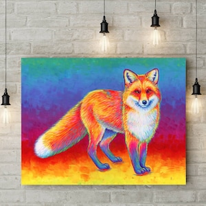 Psychedelic Rainbow Cute Red Fox Pop Art Stretched Canvas Wall Art Print image 1