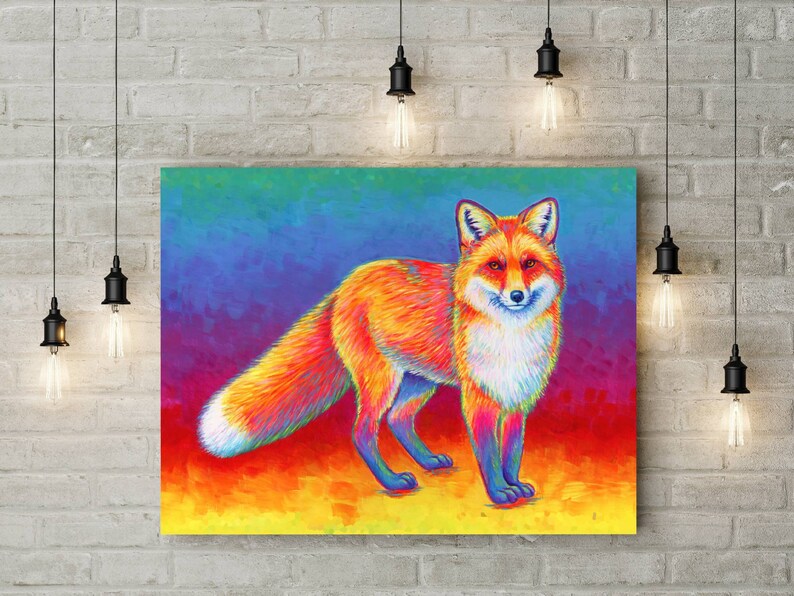 Psychedelic Rainbow Cute Red Fox Pop Art Stretched Canvas Wall Art Print image 1