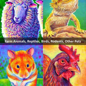 May include: A collage of four colorful paintings featuring a sheep, a bearded dragon, a hamster, and a chicken. The animals are depicted in a vibrant, almost psychedelic style, with bright colors and bold outlines. The title "Farm Animals, Reptiles, Birds, Rodents, Other Pets" is displayed at the top of the collage.