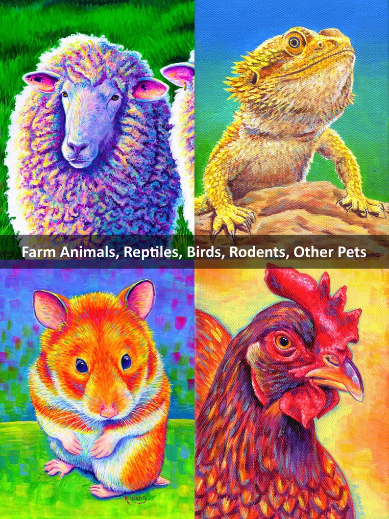 May include: A collage of four colorful paintings featuring a sheep, a bearded dragon, a hamster, and a chicken. The animals are depicted in a vibrant, almost psychedelic style, with bright colors and bold outlines. The title "Farm Animals, Reptiles, Birds, Rodents, Other Pets" is displayed at the top of the collage.