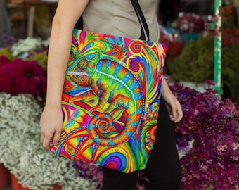Psychedelic Chameleon Rainbow Lizard Colorful Trippy Reptile Pop Art Tote Bag