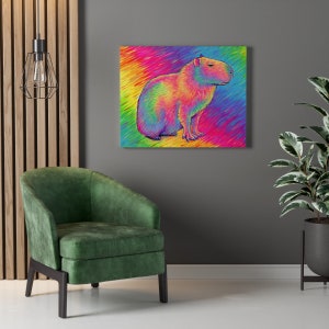 Psychedelic Rainbow Cute Capybara Trippy Stretched Canvas Wall Art Print above green chair