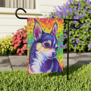 Psychedelic Rainbow Chihuahua Cute Dog Art Garden Flag & House Banner Yard Décor 12'' × 18''