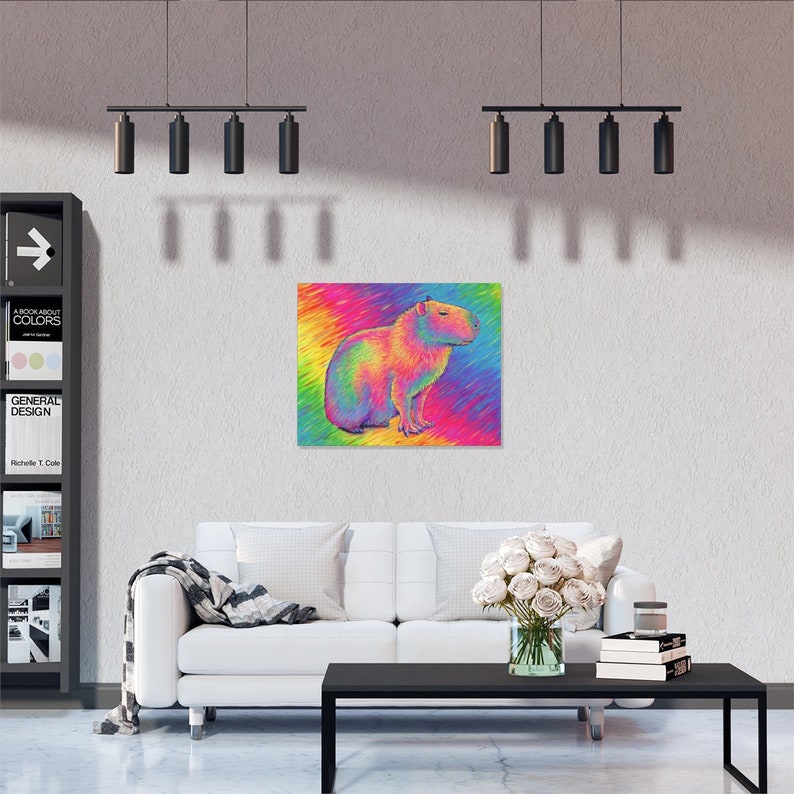 Psychedelic Rainbow Cute Capybara Trippy Stretched Canvas Wall Art Print on living room wall