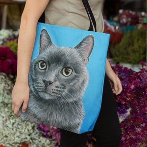 Cute Russian Blue Gray Cat Art Tote Bag