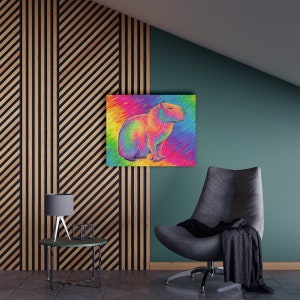 Psychedelic Rainbow Cute Capybara Trippy Stretched Canvas Wall Art Print on wall above chair