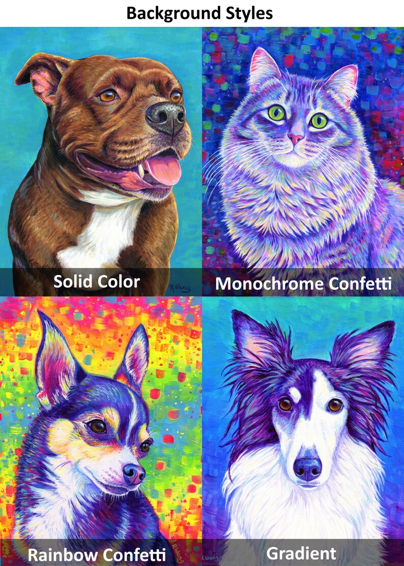 May include: Four different background styles for pet portraits are shown. The first image shows a brown and white pit bull with a solid blue background. The second image shows a gray and white cat with a purple, blue, and pink confetti background. The third image shows a black and white chihuahua with a rainbow confetti background. The fourth image shows a black and white border collie with a blue gradient background.