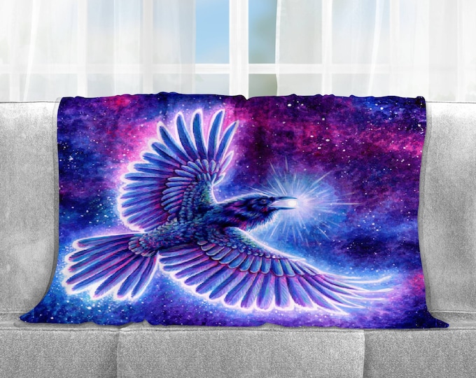Raven Placing the Stars Galaxy Space Cosmic Celestial Spirit Animals Fantasy Art Plush Velveteen Microfiber Throw Blanket
