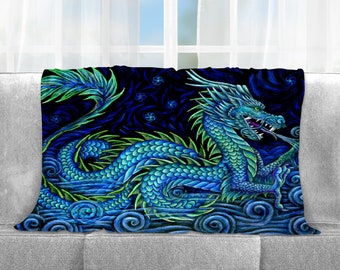 Chinese Azure Dragon Blue Asian Dragons Gren Eastern Dragon Plush Fleece Throw Blanket