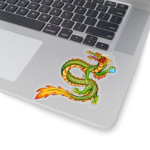 Colorful Rainbow Green and Gold Chinese Dragon Vinyl Stickers