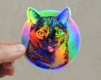 Psychedelic Rainbow Tortoiseshell Cat Trippy Torti Kitty Groovy Pet Art Holographic Vinyl Stickers Decals