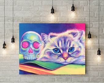 Rainbow Himalayan Cat and Psychedelic Skull Trippy Pet Pop Art Canvas Wall Art Prints