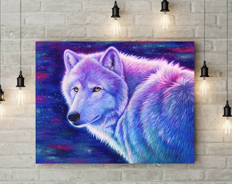 Mystical Starry White Wolf Fantasy Spirit Animal Canvas Art Print
