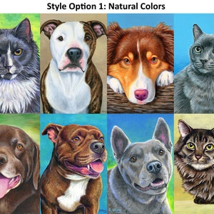 May include: A collage of six pet portraits painted in a realistic style. The portraits feature a gray cat, a white and brown dog, a brown and white dog, a brown dog, a gray dog, and a brown tabby cat.