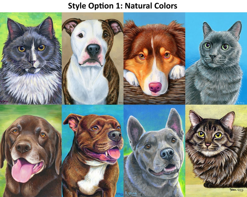 May include: A collage of six pet portraits painted in a realistic style. The portraits feature a gray cat, a white and brown dog, a brown and white dog, a brown dog, a gray dog, and a brown tabby cat.