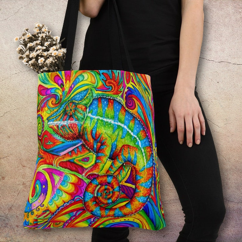Psychedelic Chameleon Rainbow Lizard Colorful Tote Bag
