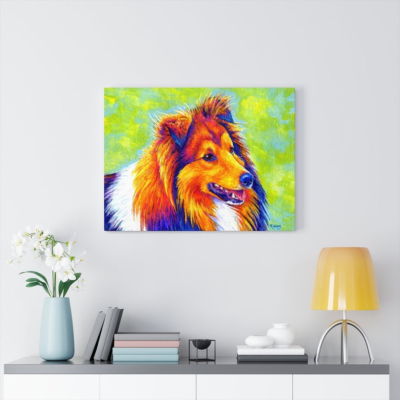 Colorful canvas art print of a rainbow colored Shetland Sheepdog (sheltie)