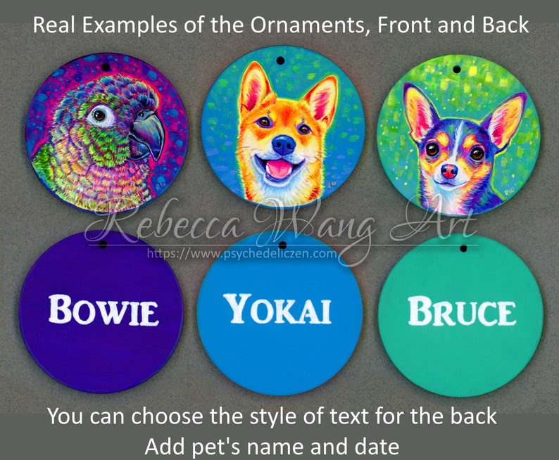 May include: Six round ornaments, three with colorful pet portraits and three with white text on a solid color background. The pet portraits are a parrot, a Shiba Inu, and a chihuahua. The text ornaments say "BOWIE", "YOKAI", and "BRUCE".