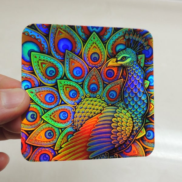 Colorful Paisley Peacock Rainbow Bird Trippy Groovy Psychedelic Holographic Vinyl Sticker