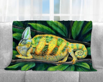 Veiled Chameleon Colorful Lizard Reptile Art Velveteen Microfiber Plush Fleece Blanket