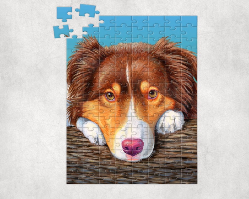 Red Tricolor Australian Shepherd Cute Dog Art Jigsaw Puzzle 120, 252, 500-Piece image 1