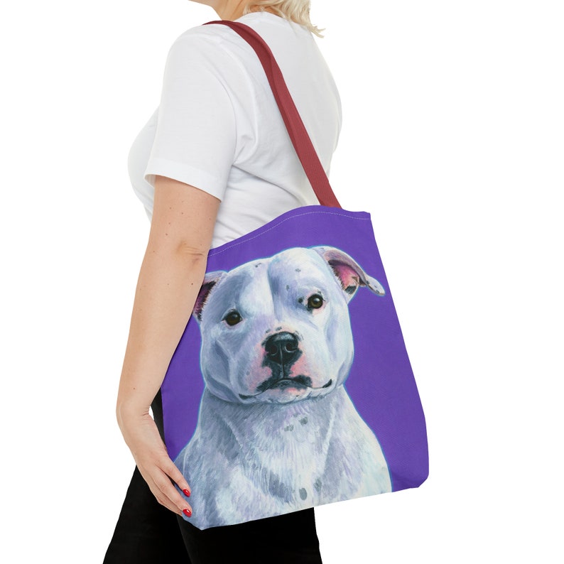 White Staffordshire Bull Terrier Cute Purple Staffie Dog Staffy Pet Art Tote Bag Red