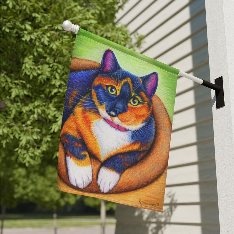 Colorful Rainbow Calico Cat Cute Kitty Art Garden Flag & House Banner Yard Décor 24.5'' × 32''