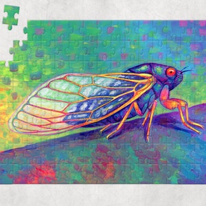May include: A colorful, detailed painting of a cicada with vibrant green, blue, yellow, and red wings. The cicada is perched on a branch with a blurred background.