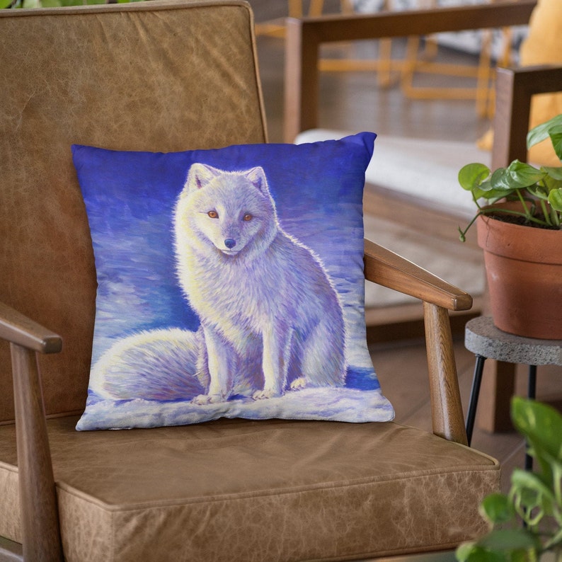 Cute Colorful White Arctic Fox Winter Snow Polyester Square Throw Pillow image 4