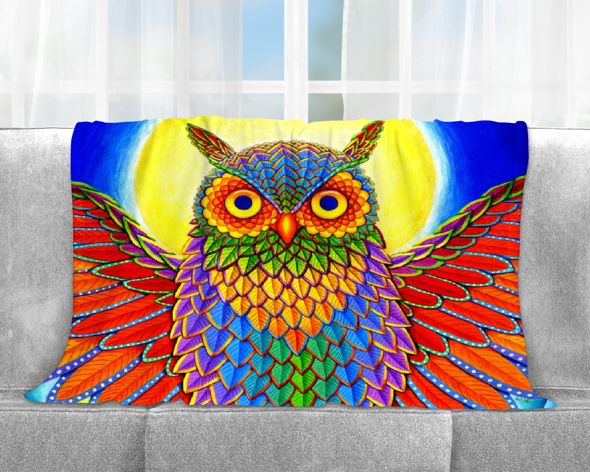 Psychedelic Rainbow Trippy Owl Groovy Bird Art Plush Fleece Velveteen Microfiber Throw Blanket