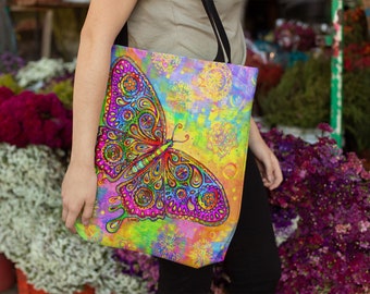 Sac fourre-tout coloré psychédélique arc-en-ciel paisley bohème papillon trippy pop art