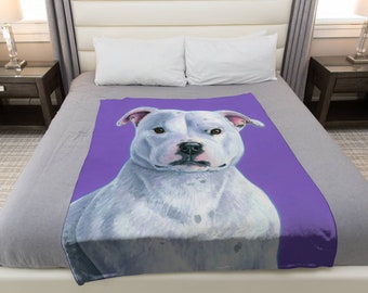 White Staffordshire Bull Terrier Cute Purple Staffie Dog Staffy Pet Art Velveteen Microfiber Throw Blanket